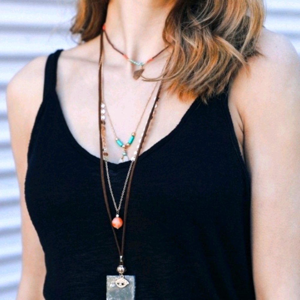 Turquoise & Peach 4 Layered Stone Necklace